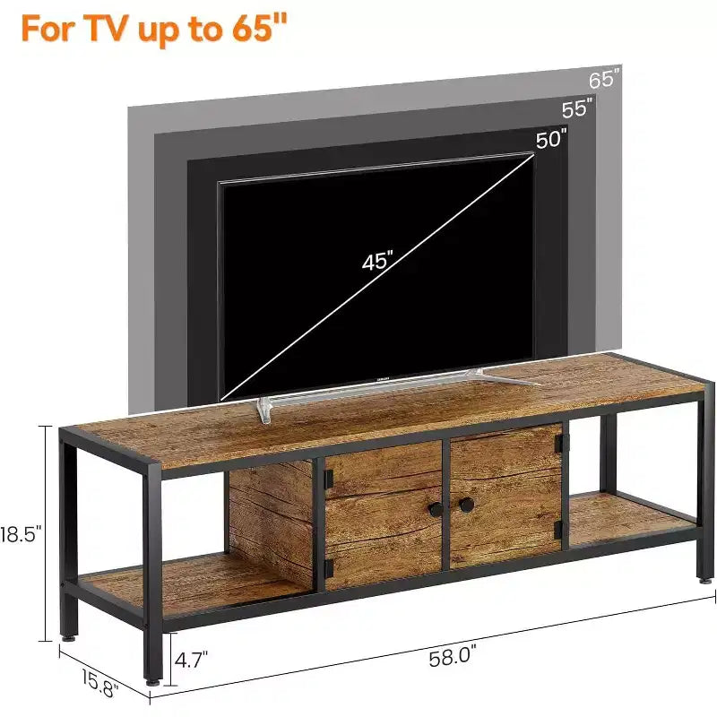 Meuble TV marron rustique de 65 pouces, meuble de style rustique avec rangement pour téléviseurs jusqu'à 75 pouces, idéal pour le salon
