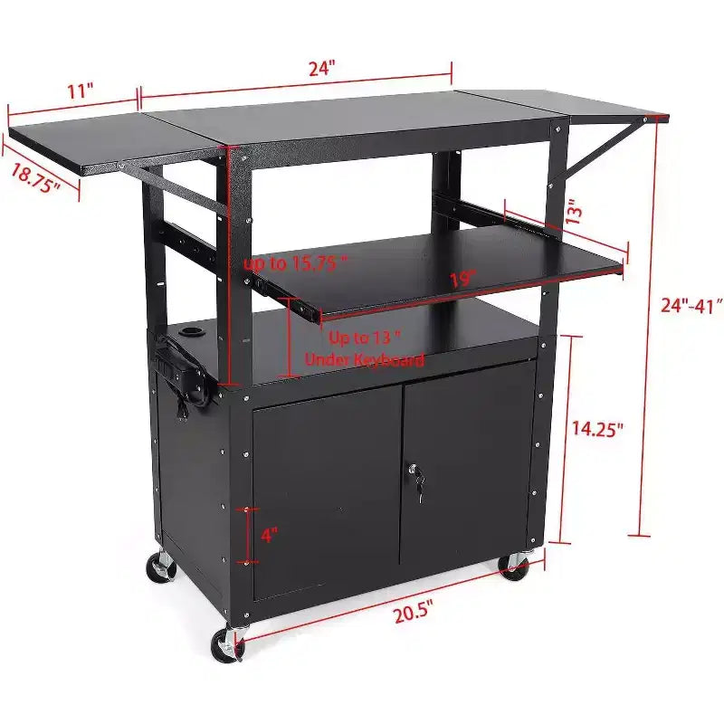 Chariot AV roulant, poste de travail mobile réglable en hauteur, armoire verrouillable, support pour ordinateur portable et tablette pliante, pour la maison ou le bureau, noir