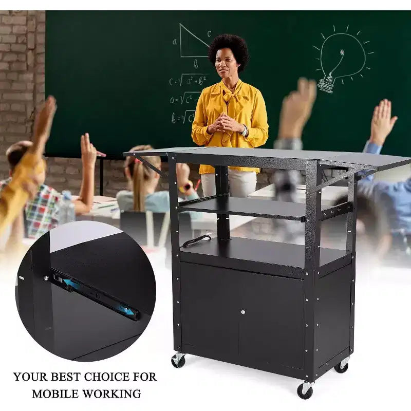 Chariot AV roulant, poste de travail mobile réglable en hauteur, armoire verrouillable, support pour ordinateur portable et tablette pliante, pour la maison ou le bureau, noir