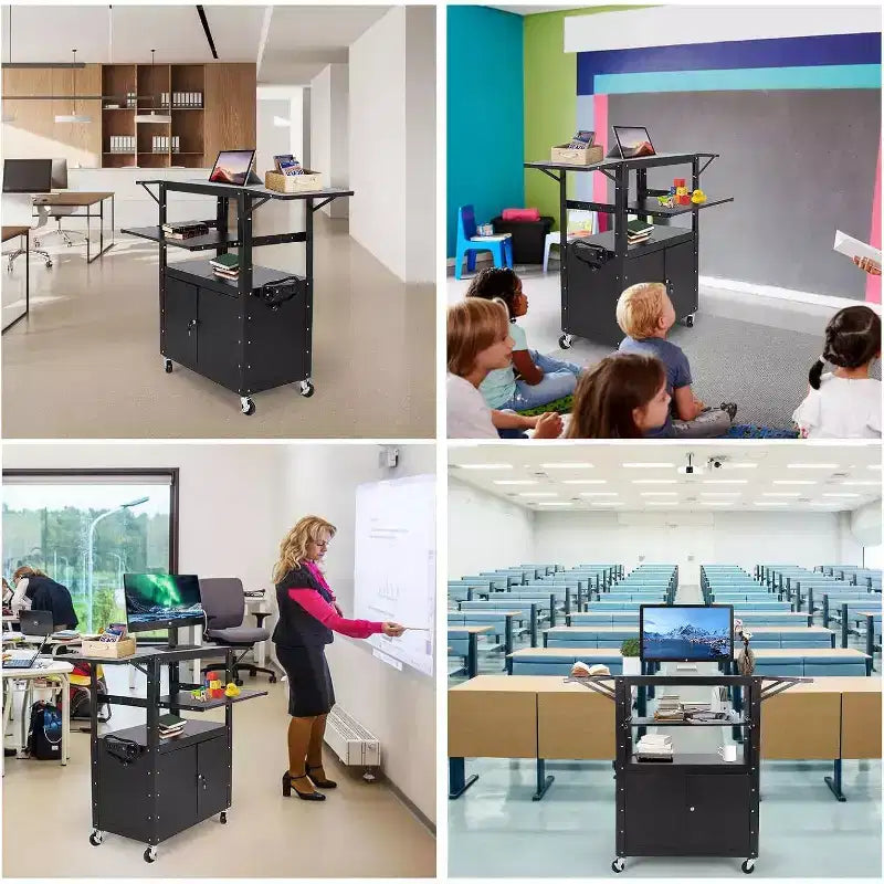 Chariot AV roulant, poste de travail mobile réglable en hauteur, armoire verrouillable, support pour ordinateur portable et tablette pliante, pour la maison ou le bureau, noir