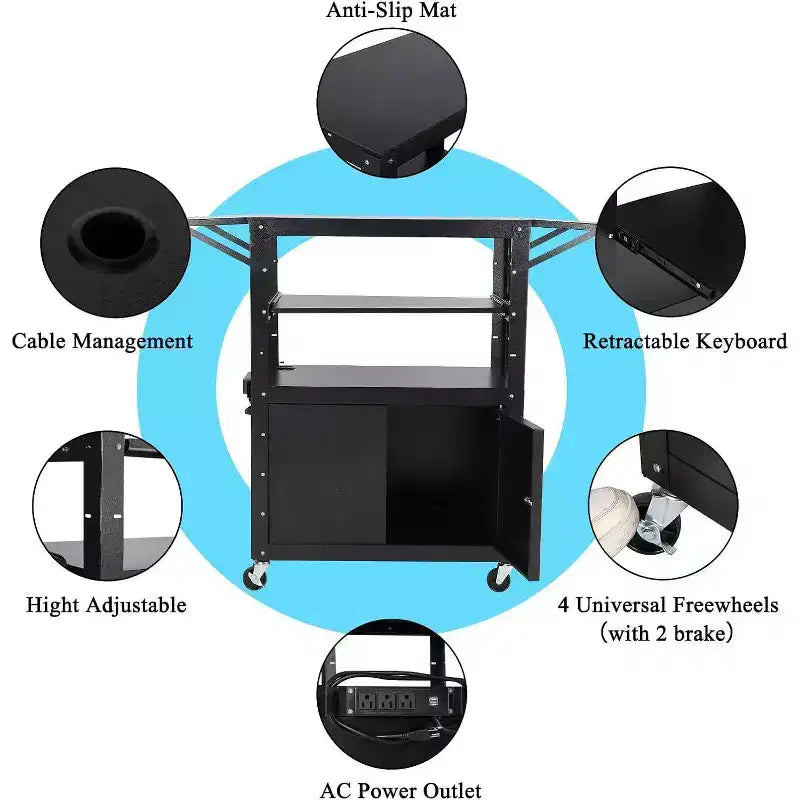 Chariot AV roulant, poste de travail mobile réglable en hauteur, armoire verrouillable, support pour ordinateur portable et tablette pliante, pour la maison ou le bureau, noir