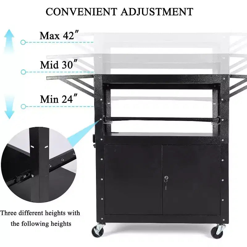 Chariot AV roulant, poste de travail mobile réglable en hauteur, armoire verrouillable, support pour ordinateur portable et tablette pliante, pour la maison ou le bureau, noir
