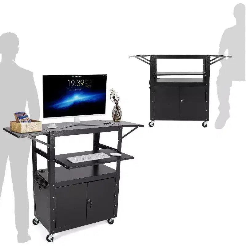 Chariot AV roulant, poste de travail mobile réglable en hauteur, armoire verrouillable, support pour ordinateur portable et tablette pliante, pour la maison ou le bureau, noir