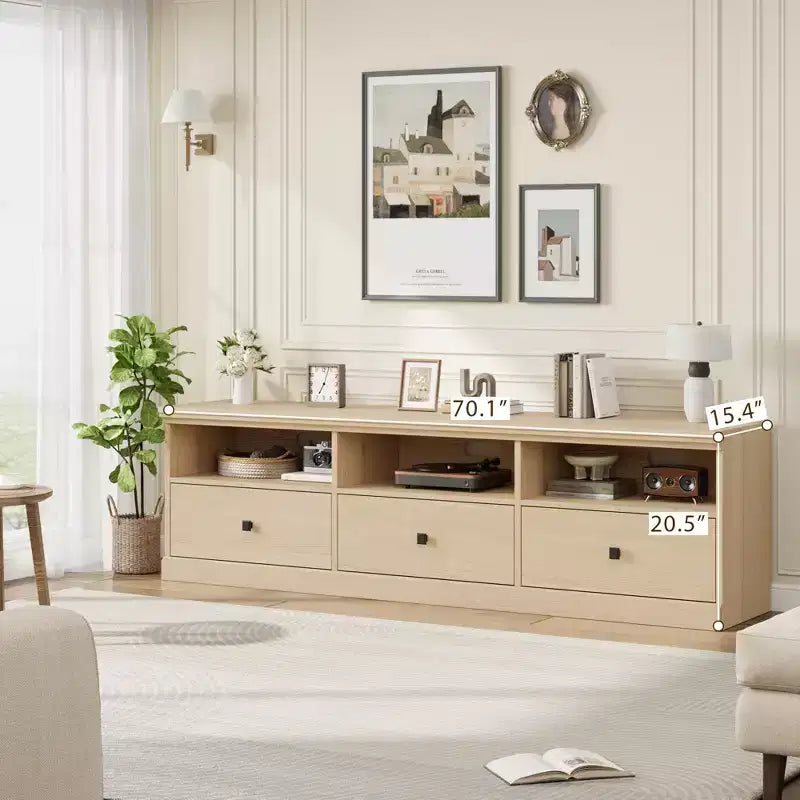 Meuble TV 70 pouces pour téléviseurs jusqu'à 80 pouces, meuble de divertissement moderne du milieu du siècle avec tiroir, meuble TV console média pour salon, chambre à coucher