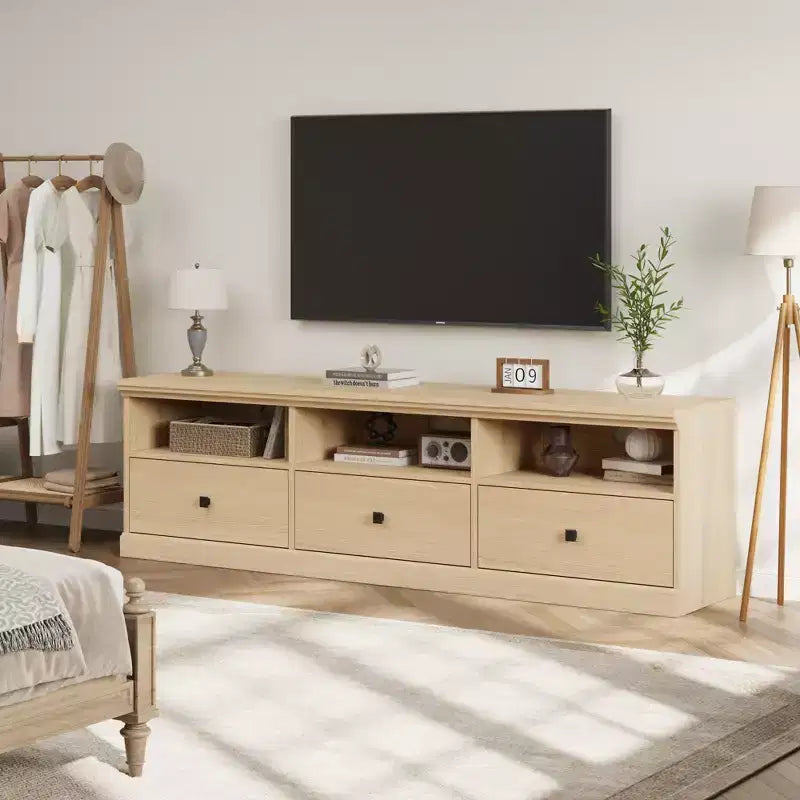 Meuble TV 70 pouces pour téléviseurs jusqu'à 80 pouces, meuble de divertissement moderne du milieu du siècle avec tiroir, meuble TV console média pour salon, chambre à coucher