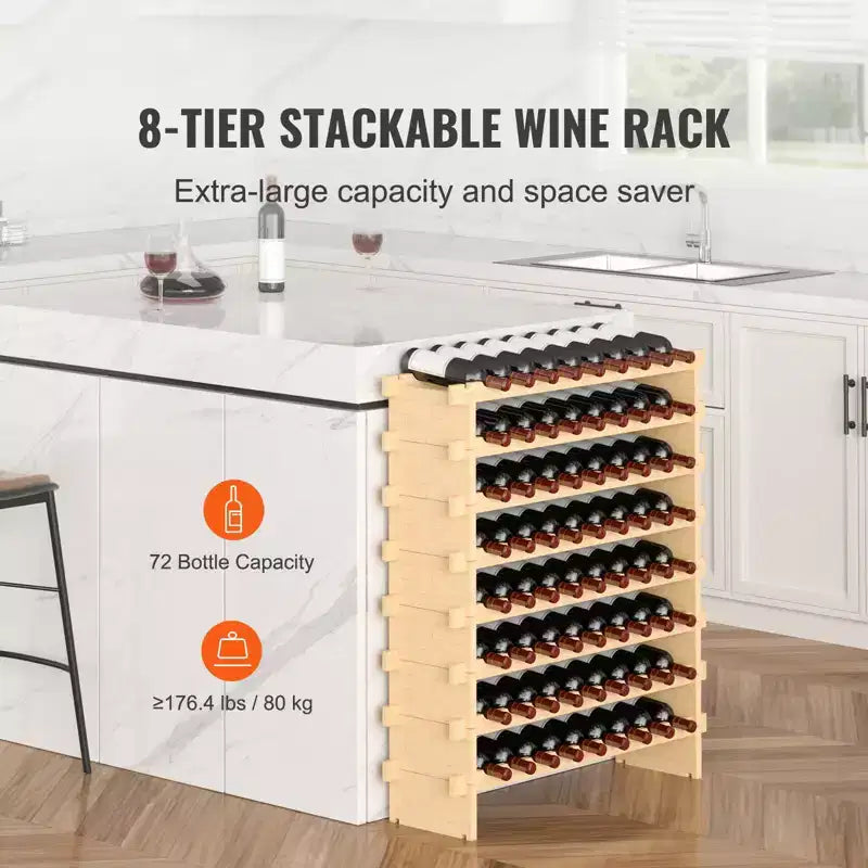 VEVOR Casier à vin modulaire empilable 72 bouteilles, étagères de rangement 8 niveaux en bambou massif, présentoir à vin autoportant, couleur naturelle