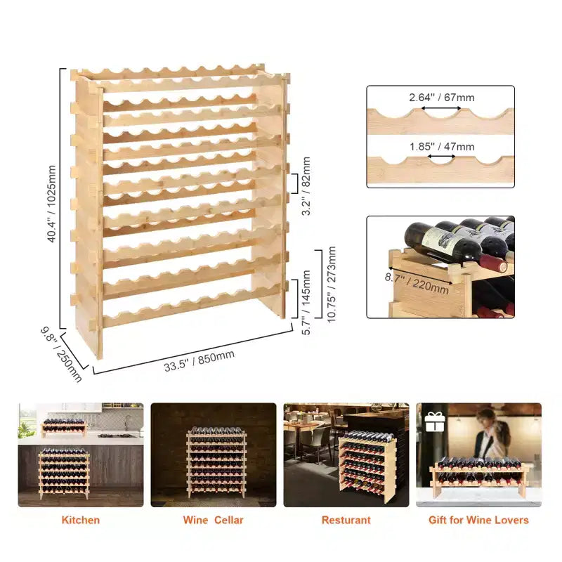 VEVOR Casier à vin modulaire empilable 72 bouteilles, étagères de rangement 8 niveaux en bambou massif, présentoir à vin autoportant, couleur naturelle