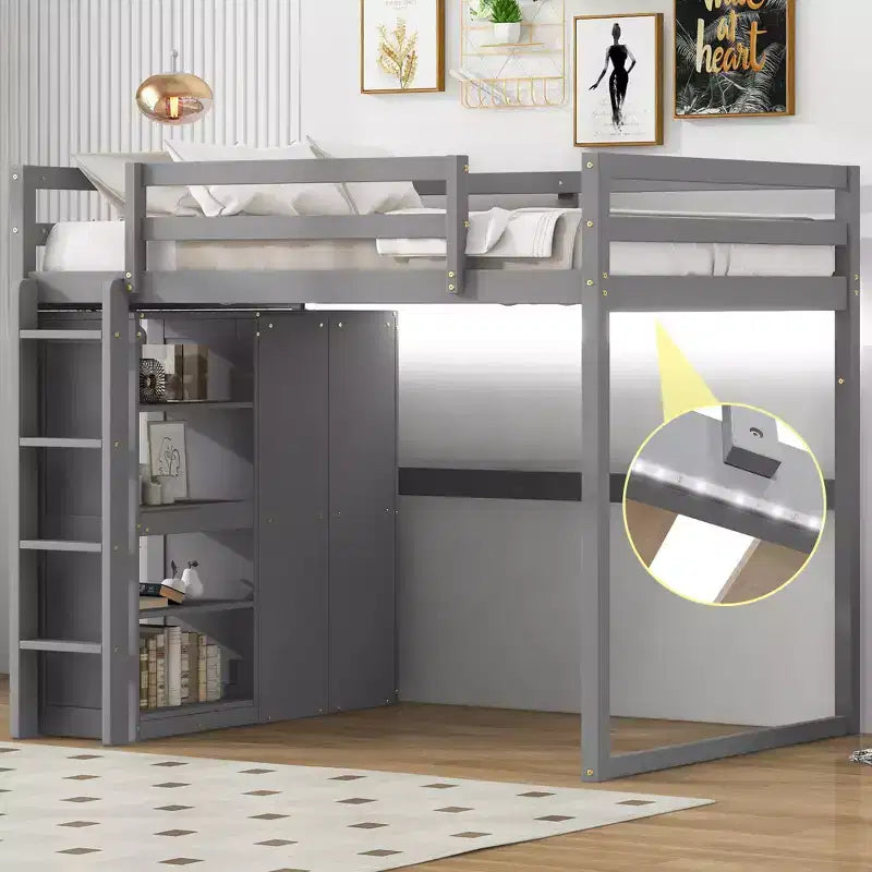 Full Size Wood Loft Bed with Built-in Wardrobe, Storage Shelves & LED Light, White/Gray - ModernLuxe
