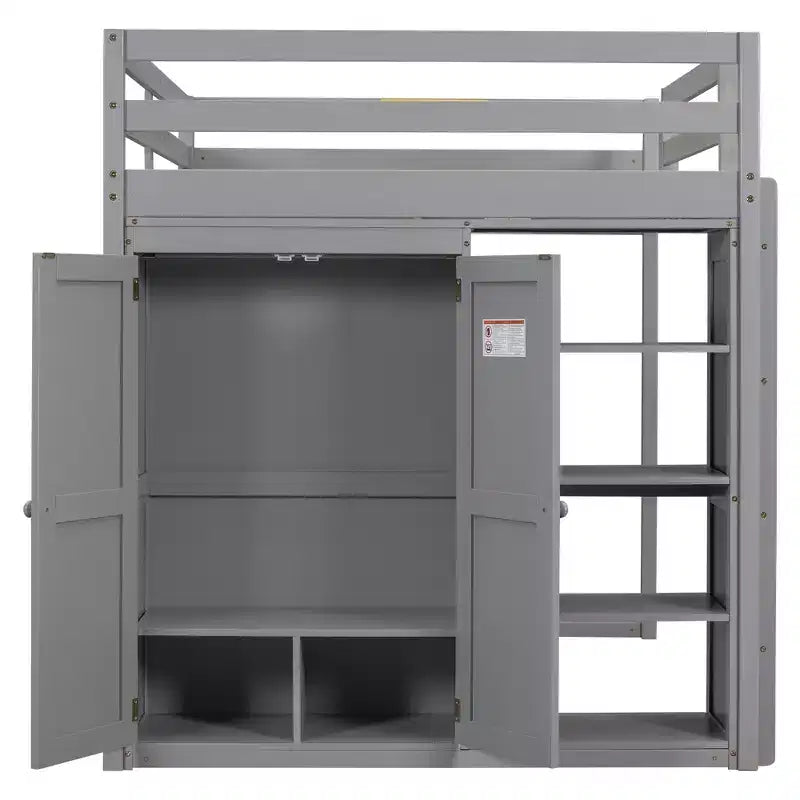 Lit mezzanine en bois pleine grandeur avec armoire intégrée, étagères de rangement et lumière LED, blanc/gris - ModernLuxe