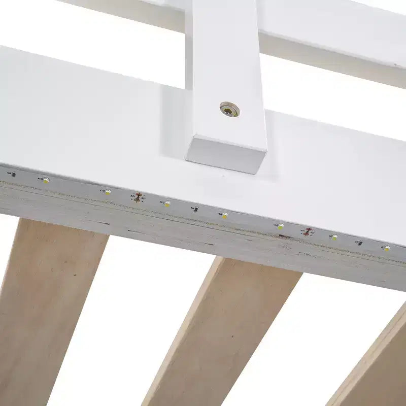 Lit mezzanine en bois pleine grandeur avec armoire intégrée, étagères de rangement et lumière LED, blanc/gris - ModernLuxe