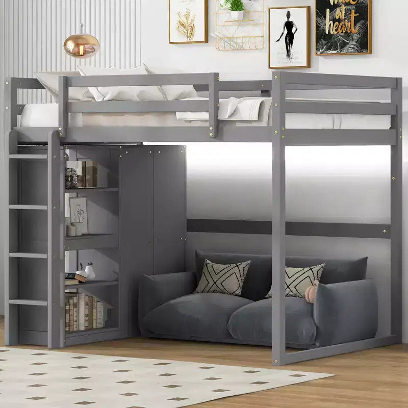 Lit mezzanine en bois pleine grandeur avec armoire intégrée, étagères de rangement et lumière LED, blanc/gris - ModernLuxe