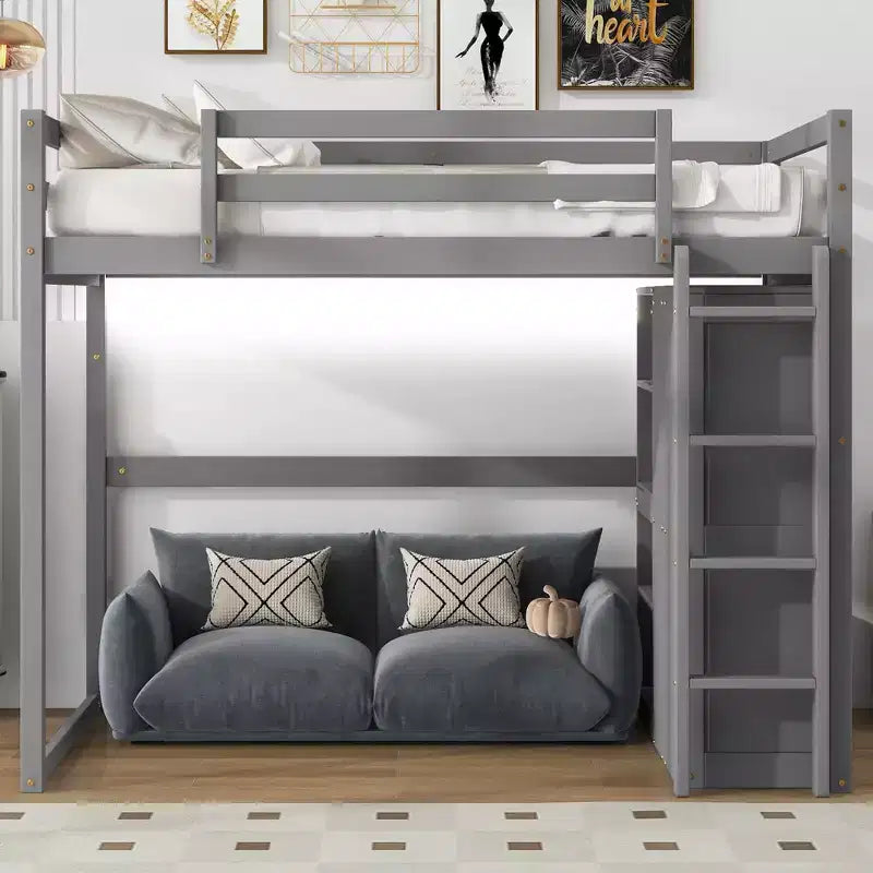 Lit mezzanine en bois pleine grandeur avec armoire intégrée, étagères de rangement et lumière LED, blanc/gris - ModernLuxe