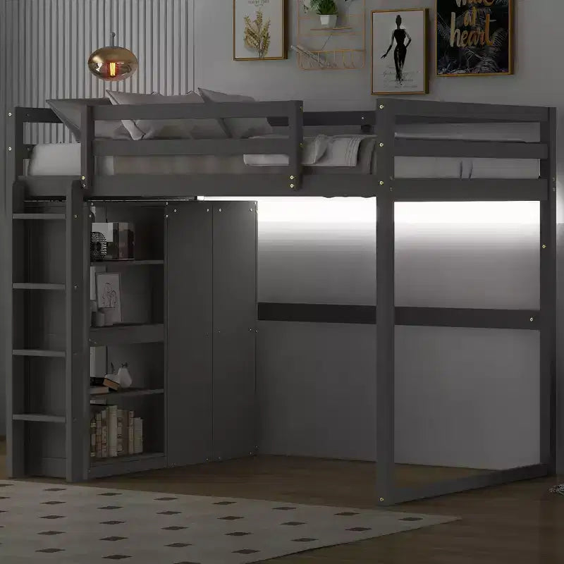 Lit mezzanine en bois pleine grandeur avec armoire intégrée, étagères de rangement et lumière LED, blanc/gris - ModernLuxe