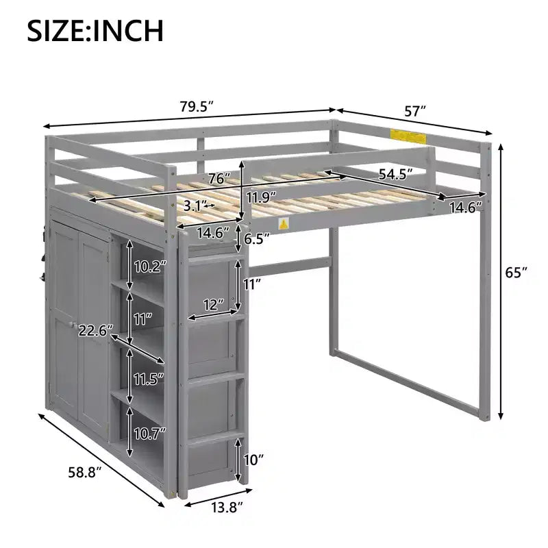 Lit mezzanine en bois pleine grandeur avec armoire intégrée, étagères de rangement et lumière LED, blanc/gris - ModernLuxe