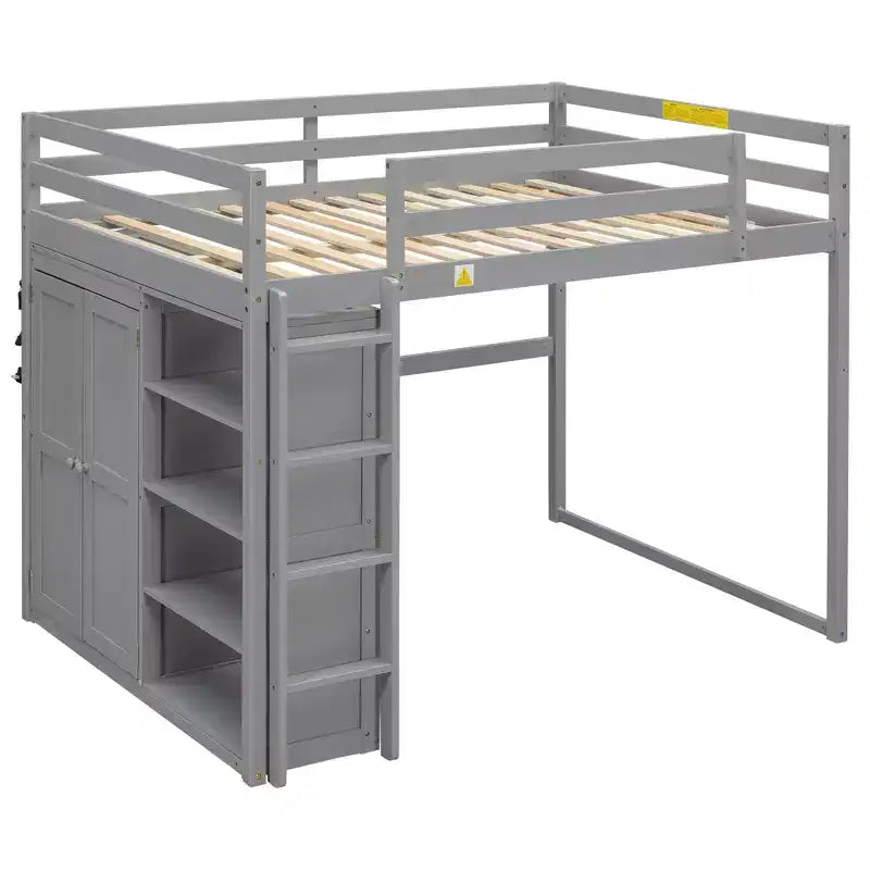 Lit mezzanine en bois pleine grandeur avec armoire intégrée, étagères de rangement et lumière LED, blanc/gris - ModernLuxe