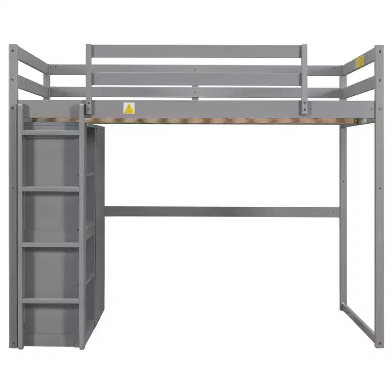 Lit mezzanine en bois pleine grandeur avec armoire intégrée, étagères de rangement et lumière LED, blanc/gris - ModernLuxe