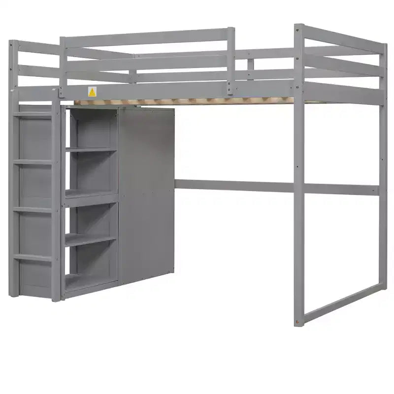 Lit mezzanine en bois pleine grandeur avec armoire intégrée, étagères de rangement et lumière LED, blanc/gris - ModernLuxe