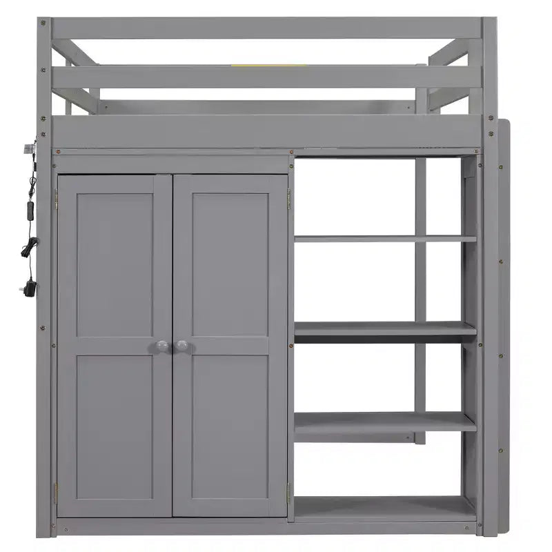 Lit mezzanine en bois pleine grandeur avec armoire intégrée, étagères de rangement et lumière LED, blanc/gris - ModernLuxe