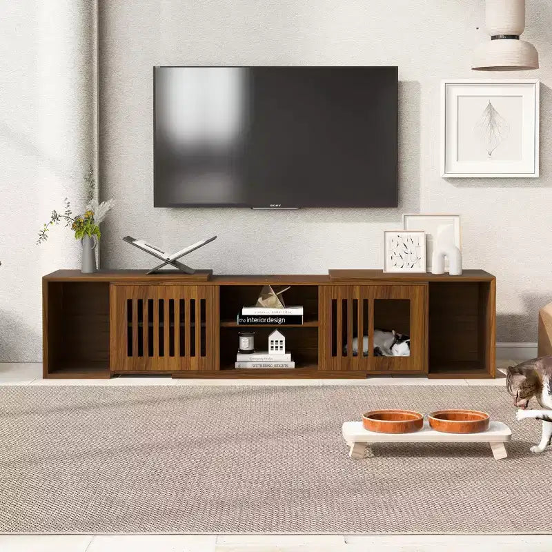 Meuble TV pour chat Meuble TV extensible Meuble TV cache litière, Meuble respectueux des chats, Moderne du milieu du siècle, Noyer-ModernLuxe