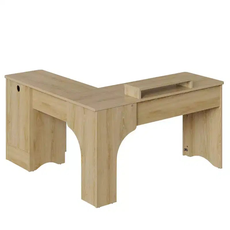 Bureau d'angle Bestier de 140 cm avec tiroirs, bureau d'ordinateur de bureau avec coins arrondis, support d'écran et panneaux cannelés, blanc et noyer