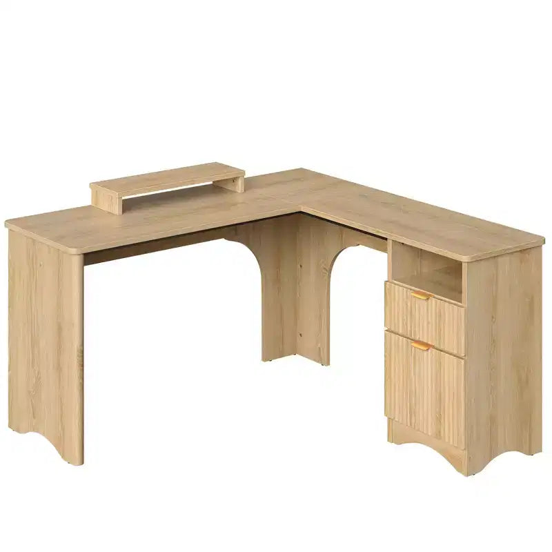 Bureau d'angle Bestier de 140 cm avec tiroirs, bureau d'ordinateur de bureau avec coins arrondis, support d'écran et panneaux cannelés, blanc et noyer