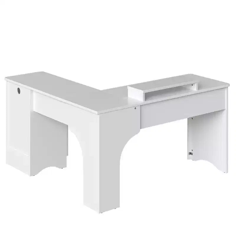 Bureau d'angle Bestier de 140 cm avec tiroirs, bureau d'ordinateur de bureau avec coins arrondis, support d'écran et panneaux cannelés, blanc et noyer