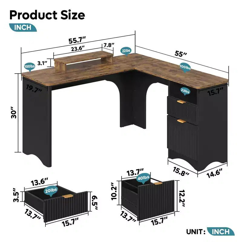 Bureau d'angle Bestier de 140 cm avec tiroirs, bureau d'ordinateur de bureau avec coins arrondis, support d'écran et panneaux cannelés, blanc et noyer