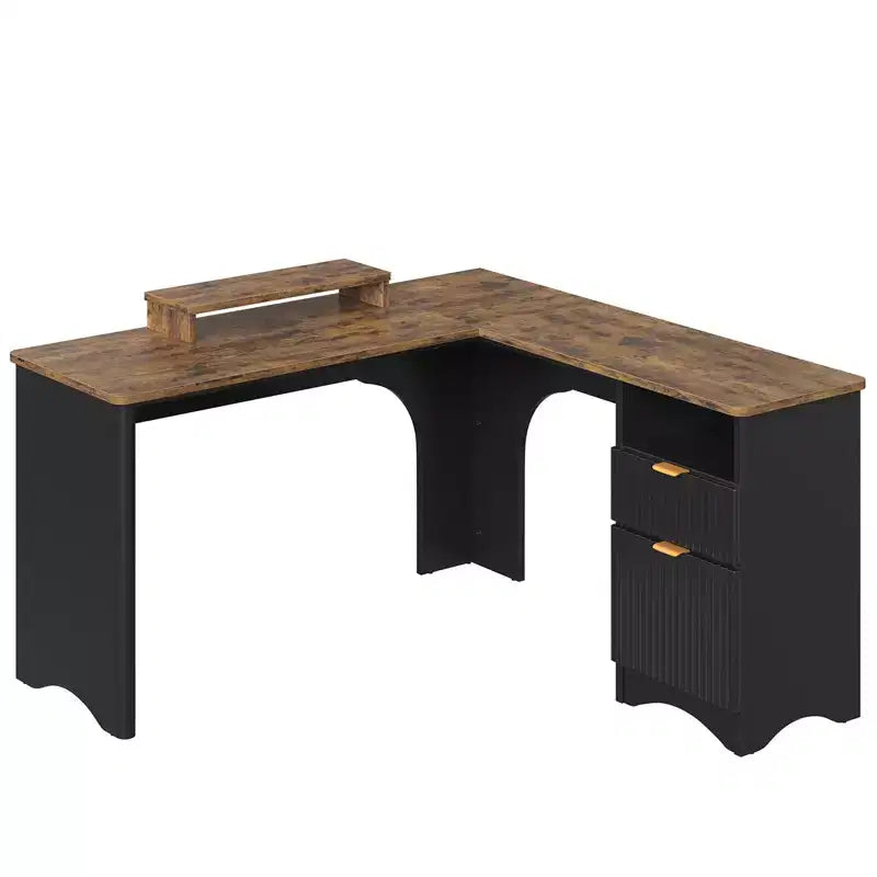 Bureau d'angle Bestier de 140 cm avec tiroirs, bureau d'ordinateur de bureau avec coins arrondis, support d'écran et panneaux cannelés, blanc et noyer