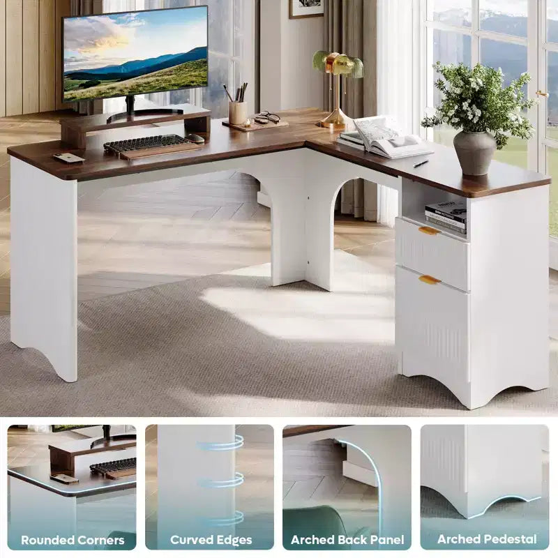 Bureau d'angle Bestier de 140 cm avec tiroirs, bureau d'ordinateur de bureau avec coins arrondis, support d'écran et panneaux cannelés, blanc et noyer