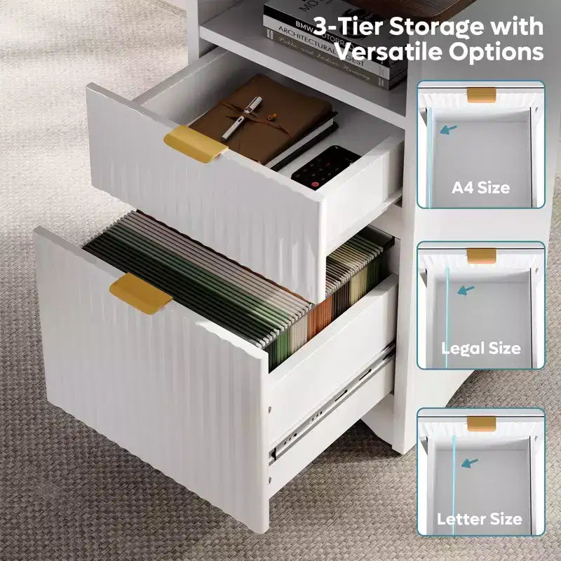 Bureau d'angle Bestier de 140 cm avec tiroirs, bureau d'ordinateur de bureau avec coins arrondis, support d'écran et panneaux cannelés, blanc et noyer