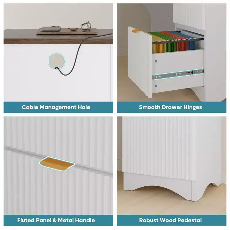 Bureau d'angle Bestier de 140 cm avec tiroirs, bureau d'ordinateur de bureau avec coins arrondis, support d'écran et panneaux cannelés, blanc et noyer