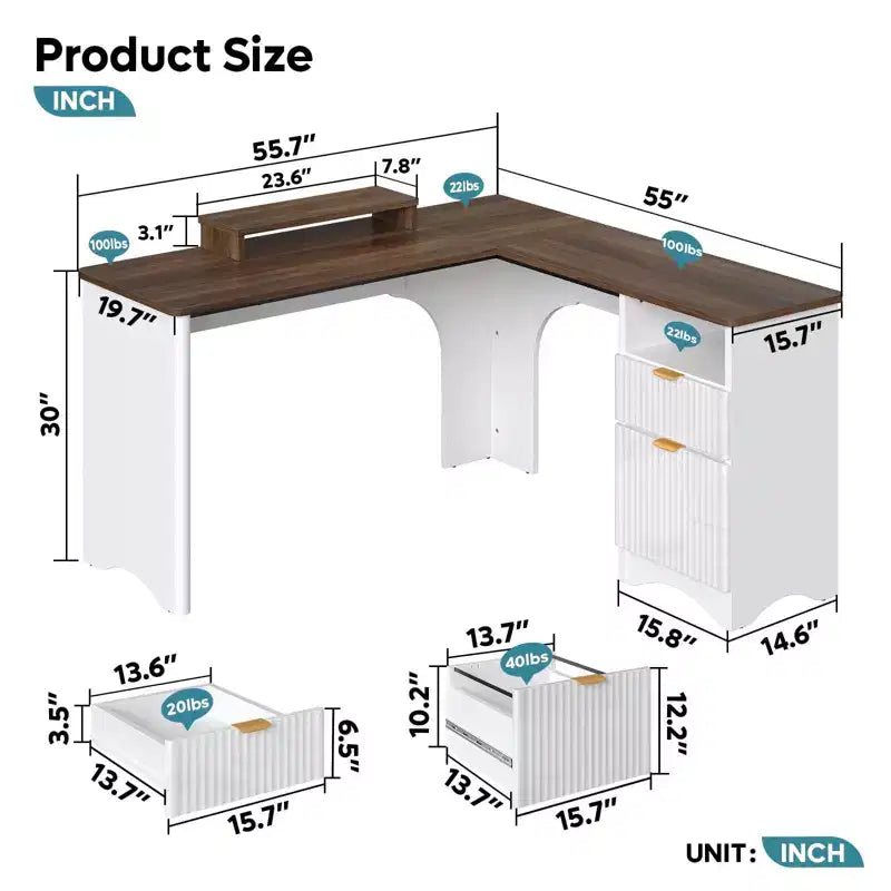 Bureau d'angle Bestier de 140 cm avec tiroirs, bureau d'ordinateur de bureau avec coins arrondis, support d'écran et panneaux cannelés, blanc et noyer