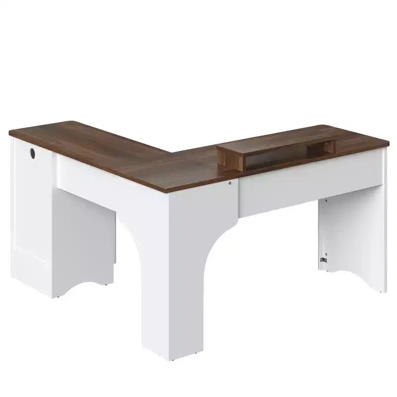 Bureau d'angle Bestier de 140 cm avec tiroirs, bureau d'ordinateur de bureau avec coins arrondis, support d'écran et panneaux cannelés, blanc et noyer