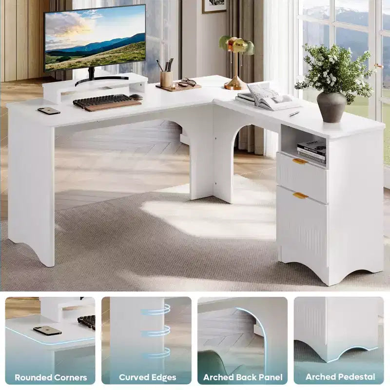 Bureau d'angle Bestier de 140 cm avec tiroirs, bureau d'ordinateur de bureau avec coins arrondis, support d'écran et panneaux cannelés, blanc et noyer