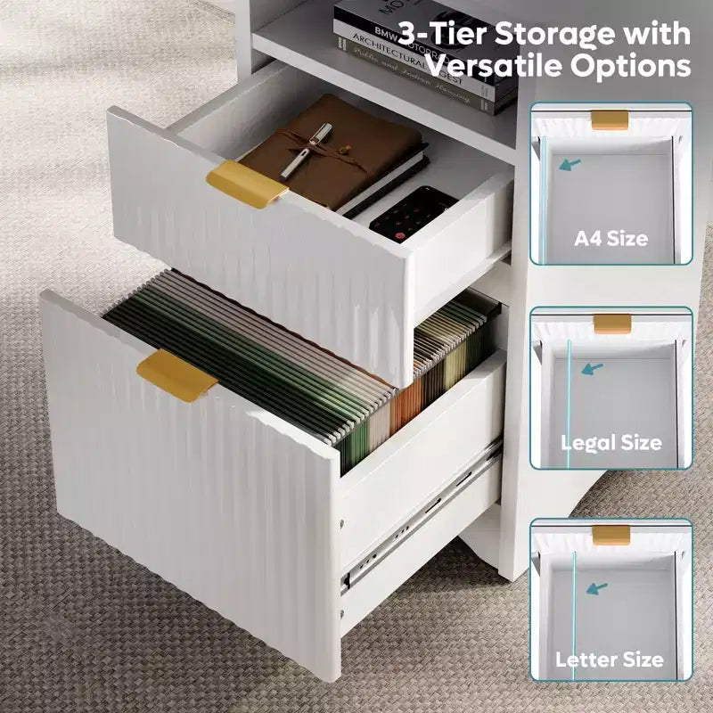 Bureau d'angle Bestier de 140 cm avec tiroirs, bureau d'ordinateur de bureau avec coins arrondis, support d'écran et panneaux cannelés, blanc et noyer