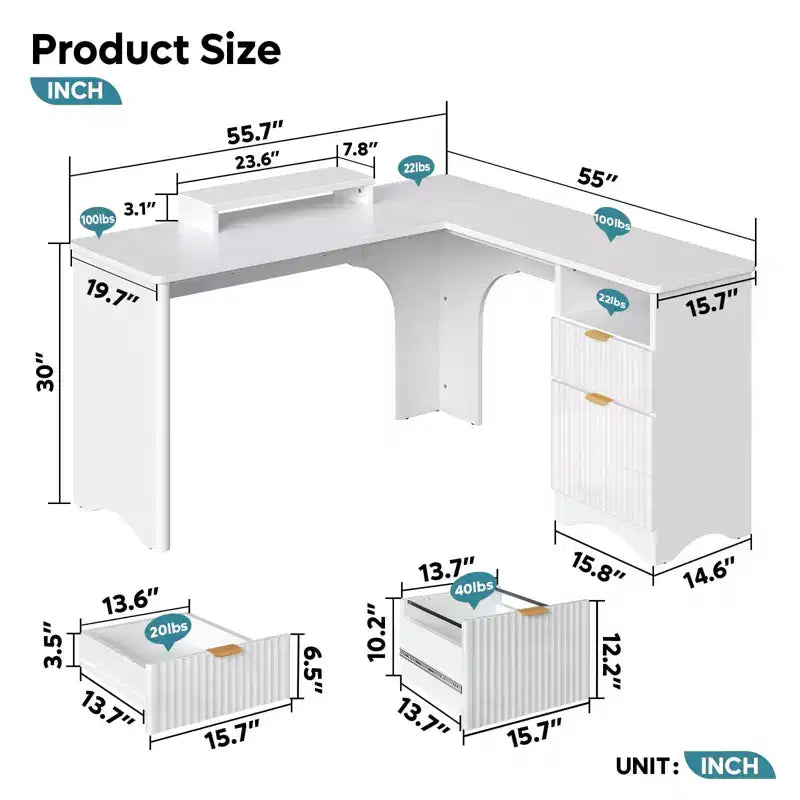 Bureau d'angle Bestier de 140 cm avec tiroirs, bureau d'ordinateur de bureau avec coins arrondis, support d'écran et panneaux cannelés, blanc et noyer