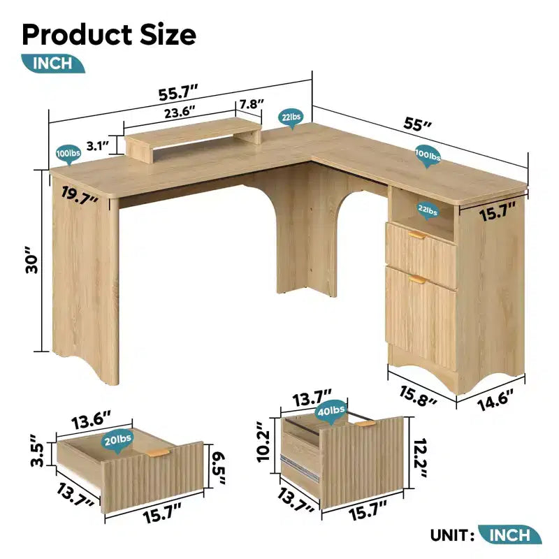 Bureau d'angle Bestier de 140 cm avec tiroirs, bureau d'ordinateur de bureau avec coins arrondis, support d'écran et panneaux cannelés, blanc et noyer