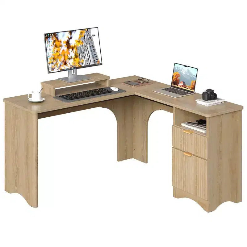 Bureau d'angle Bestier de 140 cm avec tiroirs, bureau d'ordinateur de bureau avec coins arrondis, support d'écran et panneaux cannelés, blanc et noyer