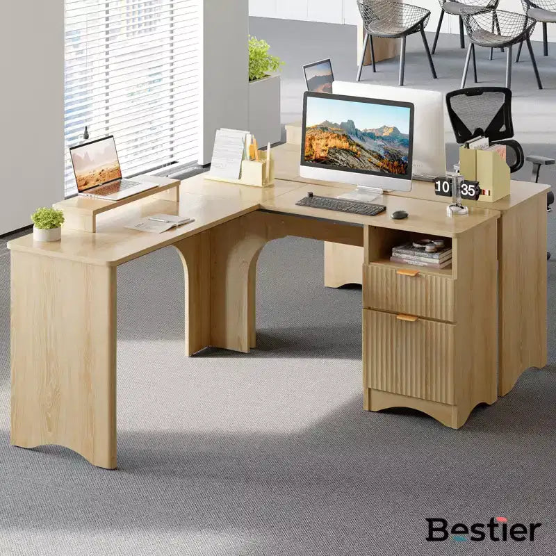 Bestier 55inch L Shaped Desk with Drawers, Office Computer Desk with Round Corners, Monitor Stand & Fluted Panels, White & Walnut