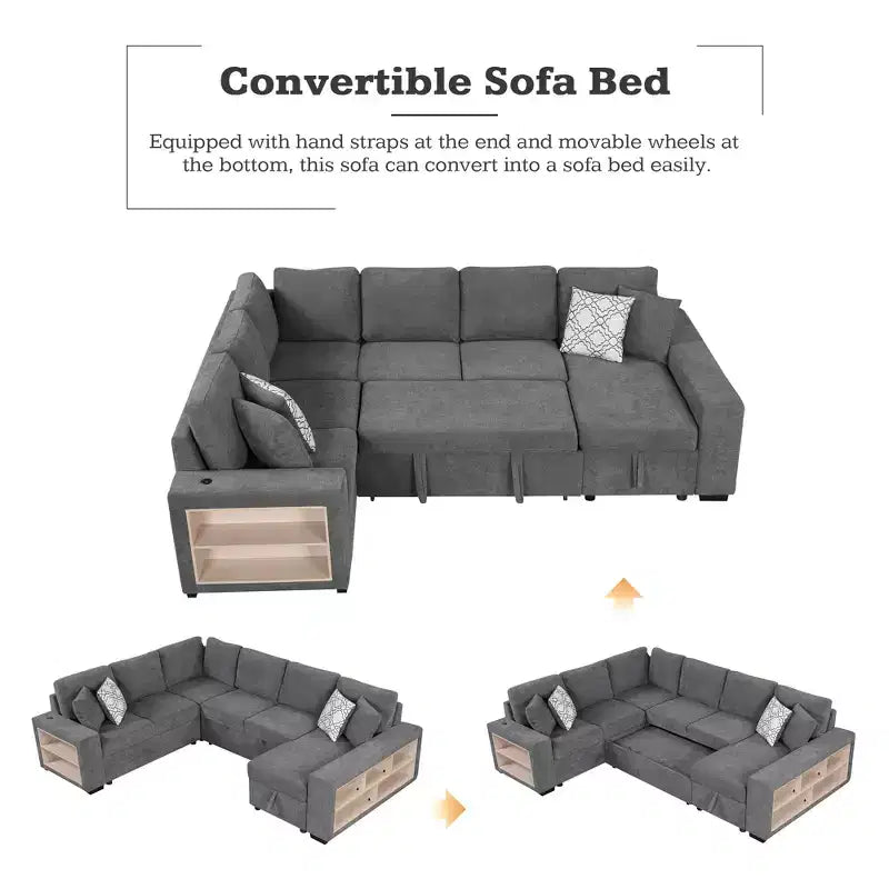 Canapé-lit d'angle en U 109 po avec ports USB, méridienne de rangement et 4 oreillers – Canapé-lit convertible pour salon