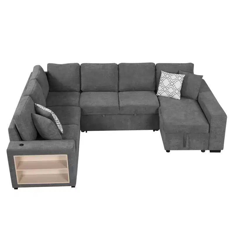 Canapé-lit d'angle en U 109 po avec ports USB, méridienne de rangement et 4 oreillers – Canapé-lit convertible pour salon