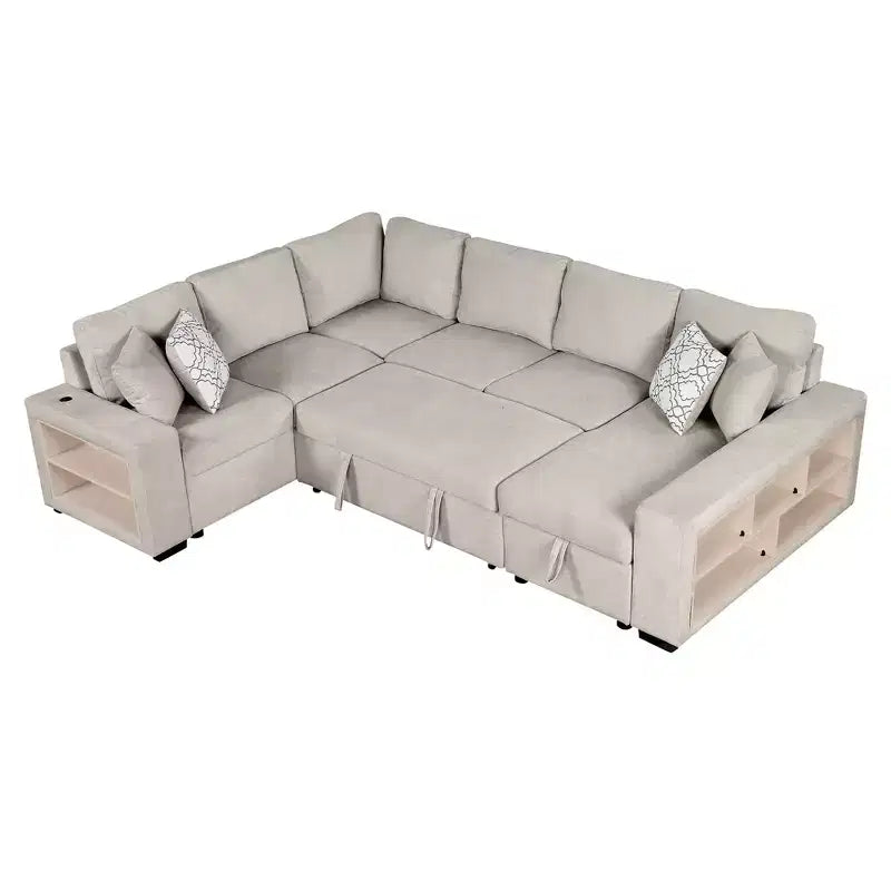 Canapé-lit d'angle en U 109 po avec ports USB, méridienne de rangement et 4 oreillers – Canapé-lit convertible pour salon