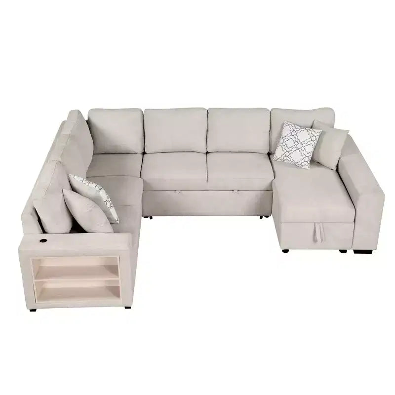 Canapé-lit d'angle en U 109 po avec ports USB, méridienne de rangement et 4 oreillers – Canapé-lit convertible pour salon