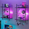 Bestier 24 Floating Shelves with LED Lights, 3-Tier Wall-Mounted Glass Shelves with Hooks for Living Room, Kitchen, Bathroom