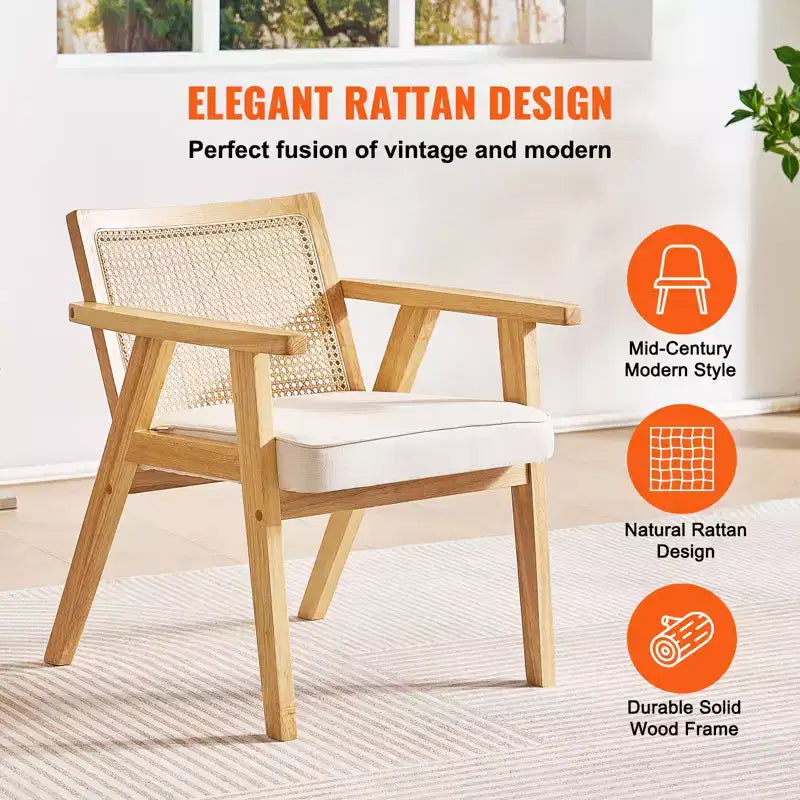 VEVOR Chaise en rotin de style moderne du milieu du siècle, fauteuil d'appoint rembourré en velours avec dossier en rotin, chaise de salon rétro pour salon, chambre à coucher, beige