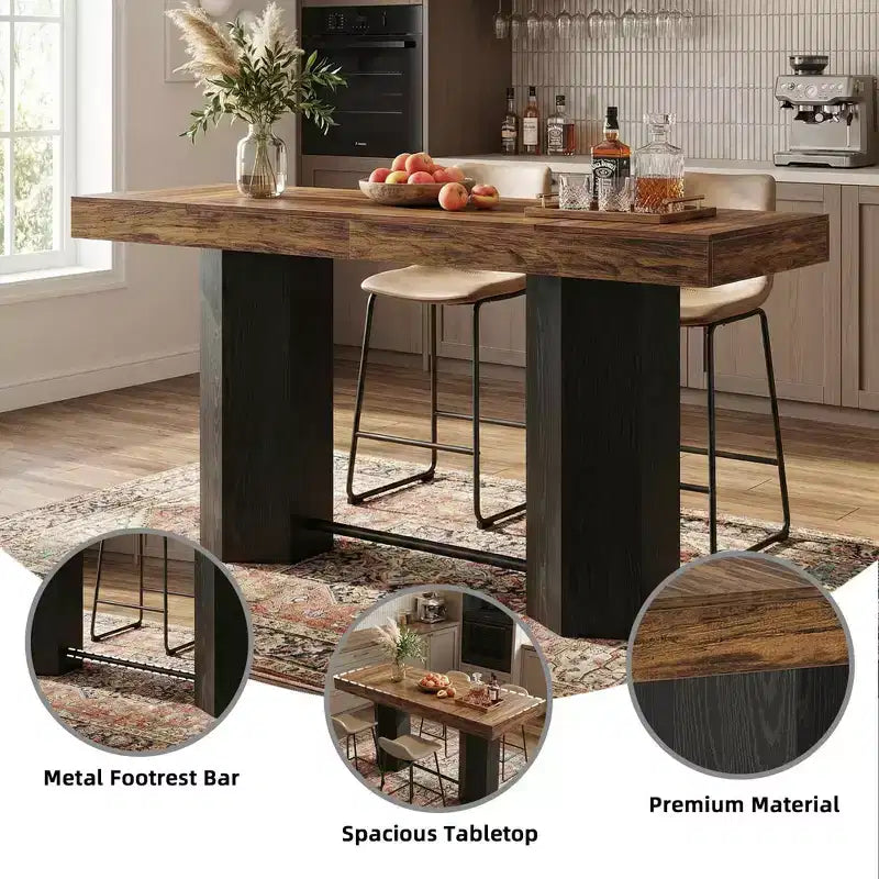 Table haute de bar industrielle MAYEERTY 71, plateau en MDF imitation noyer, pour 4 à 6 personnes, avec base hexagonale, capacité de 136 kg