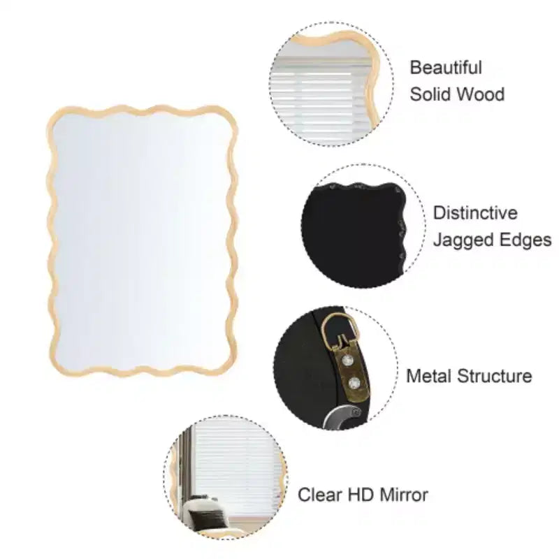 Miroir rectangulaire ondulé en bois massif 40 x 28 - Naturel - Pour salle de bain, chambre à coucher, salon, salle à manger, vestiaire, entrée
