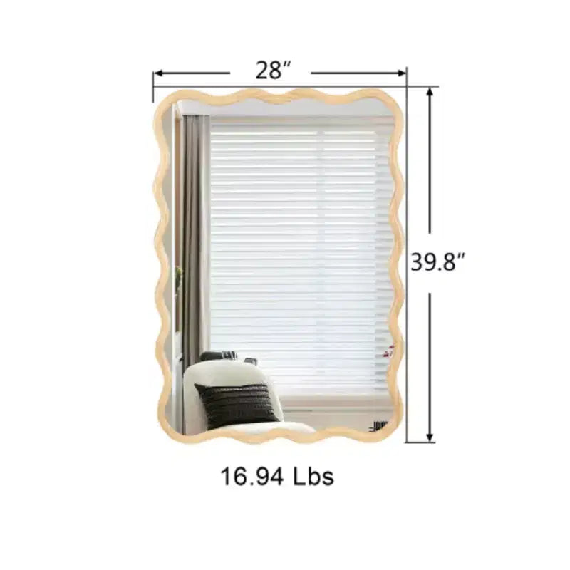 Miroir rectangulaire ondulé en bois massif 40 x 28 - Naturel - Pour salle de bain, chambre à coucher, salon, salle à manger, vestiaire, entrée