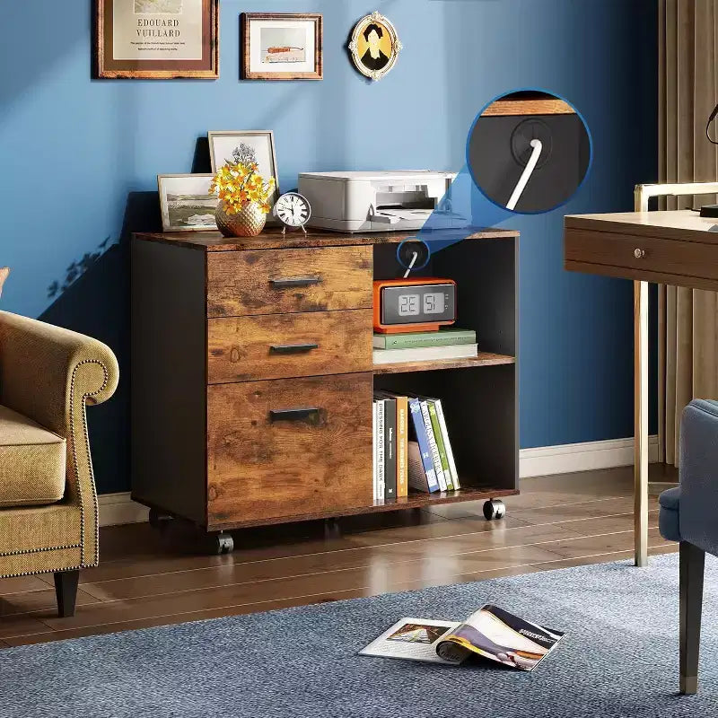 GALAXHERO Meuble de Rangement Mobile à 3 Tiroirs en Bois avec Étagères Ouvertes, Support d'Imprimante pour Bureau à Domicile