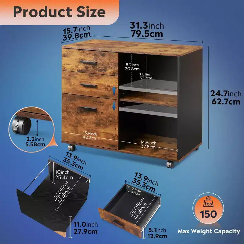 GALAXHERO Meuble de Rangement Mobile à 3 Tiroirs en Bois avec Étagères Ouvertes, Support d'Imprimante pour Bureau à Domicile